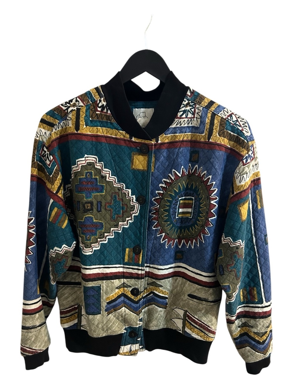 Vintage Gantos Aztec-Print Quilted Bomber Jacket - Teal Multicolor